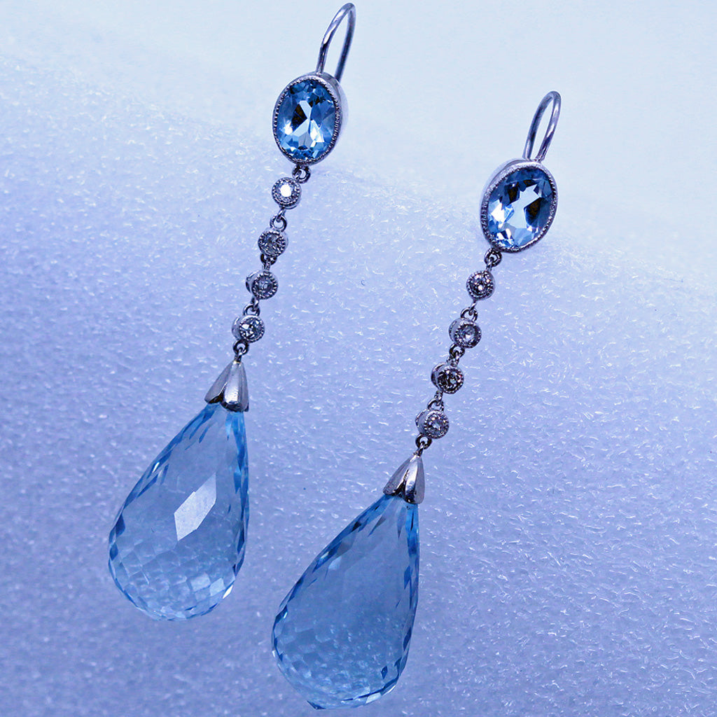 Aquamarine Earrings | March Birthstone | 1 1/2 Carat Aquamarine and Diamond  Antique Stud Earrings In 14 Karat Yellow Gold